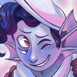 A pink and blue toned icon of a character with fin ears; smiling.