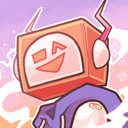 Icon A headshot illustration of an orange and cream colored robot smiling and winking.